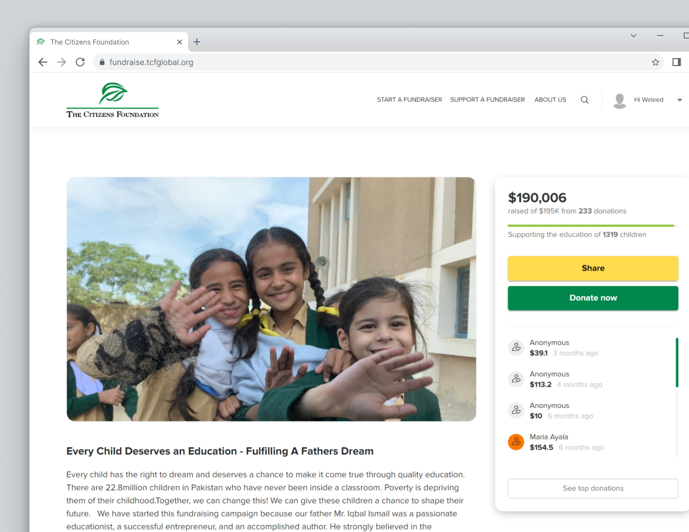 screenshot of a fundraiser page on tcfglobal.org